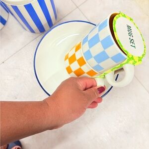 Blue and Orange Checkered Mug Set